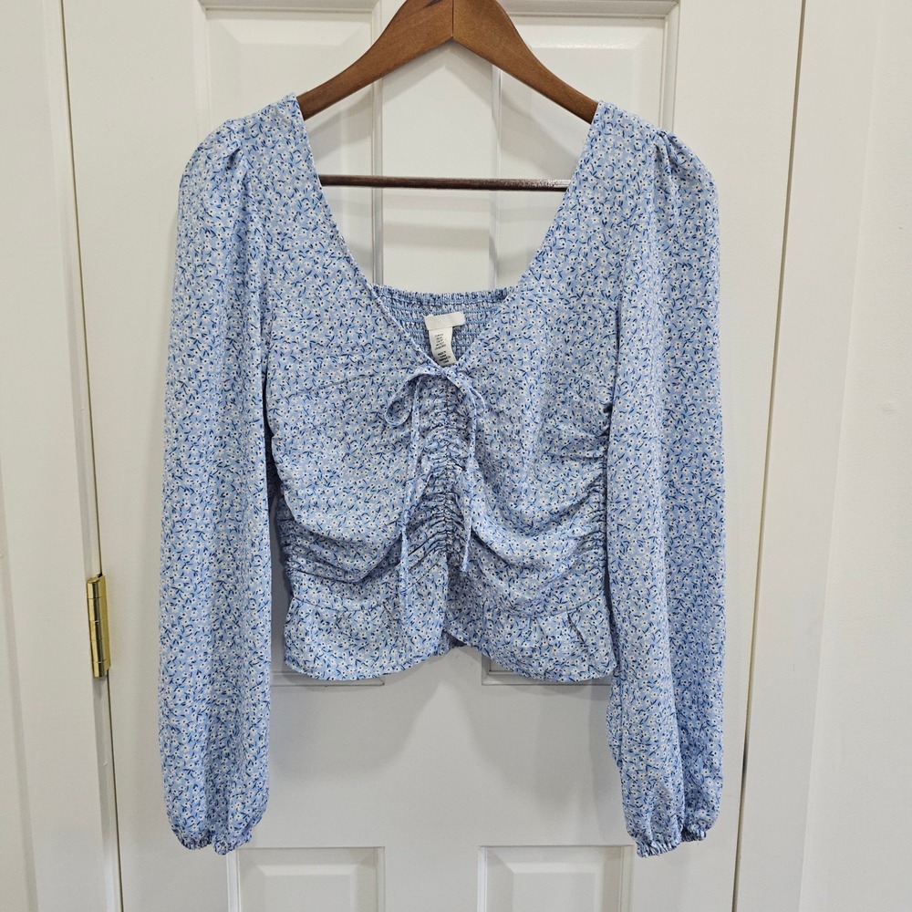 H&M Light Blue Floral Tie Front Smocked Back Long Sleeve Blouse XS